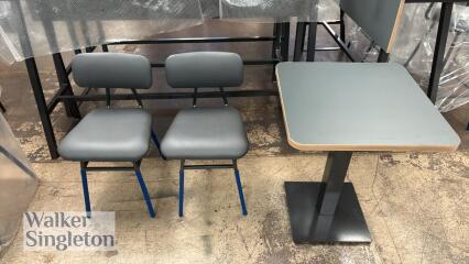 Grey table on black frame (0.6m x 0.6m) with 2 x matching chairs