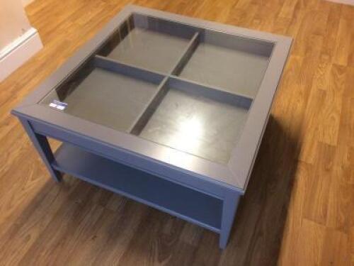 Timber Frame Glass Topped Coffee Table with Drawer; Dimensions: 900mm x 900mm