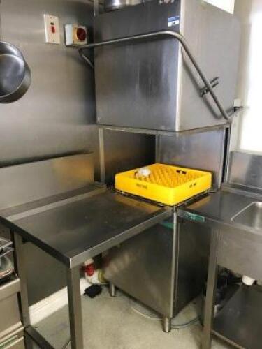 GIGA GLS945 Stainless Steel Commercial Pass Through Dishwasher; Year: 2008; Dimensions: Closed - 750mm (L) x 850mm (W) x 1,510mm (H), Open - 750mm (L) x 850mm (W) x 1,960mm (H); complete with Pre-Wash Sink and Bin Uni and Tray Feed,1,600mm (L) x 700mm (W)