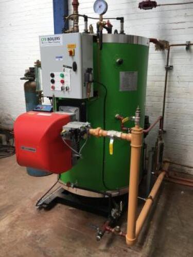 CFB Steam Boiler; Max Con Rating: 476Kgs/Hr; Serial Number: GL2677; Year: 2018; with CP Gas Burner; Type: MG400; Model: M.TN.M GB A 032 (Note. Pipework to the First Joint)Note. Any Sale is Subject to Finance Companies Final Approval