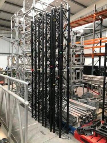 4x Sections Black Aluminium Truss 28 x 28 x 300cm, 6x Black Aluminium Hinged Bases, 6x Steel Scaffolding Plates and 2x Sections of 50 x 50 x 230cm Black Aluminium Truss