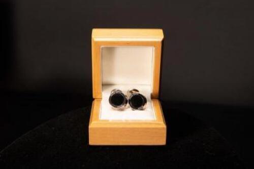 Pair of HUGO BOSS Stainless Steel Cufflinks with Black Inserts (Please Note: Item is Not Boxed) (Please Note: VAT will only be Charged against the Buyers Premium element of this Lot. The Hammer Price is Non VAT Qualifying.)