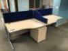 Suite of 5 Light Beech Curved Call Centre Workstations with Cable Management and Blue Desk Partitions; Dimensions: 1,400mm x 1,000mm