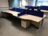 Suite of 5 Light Beech Curved Call Centre Workstations with Cable Management and Blue Desk Partitions; Dimensions: 1,400mm x 1,000mm - 2